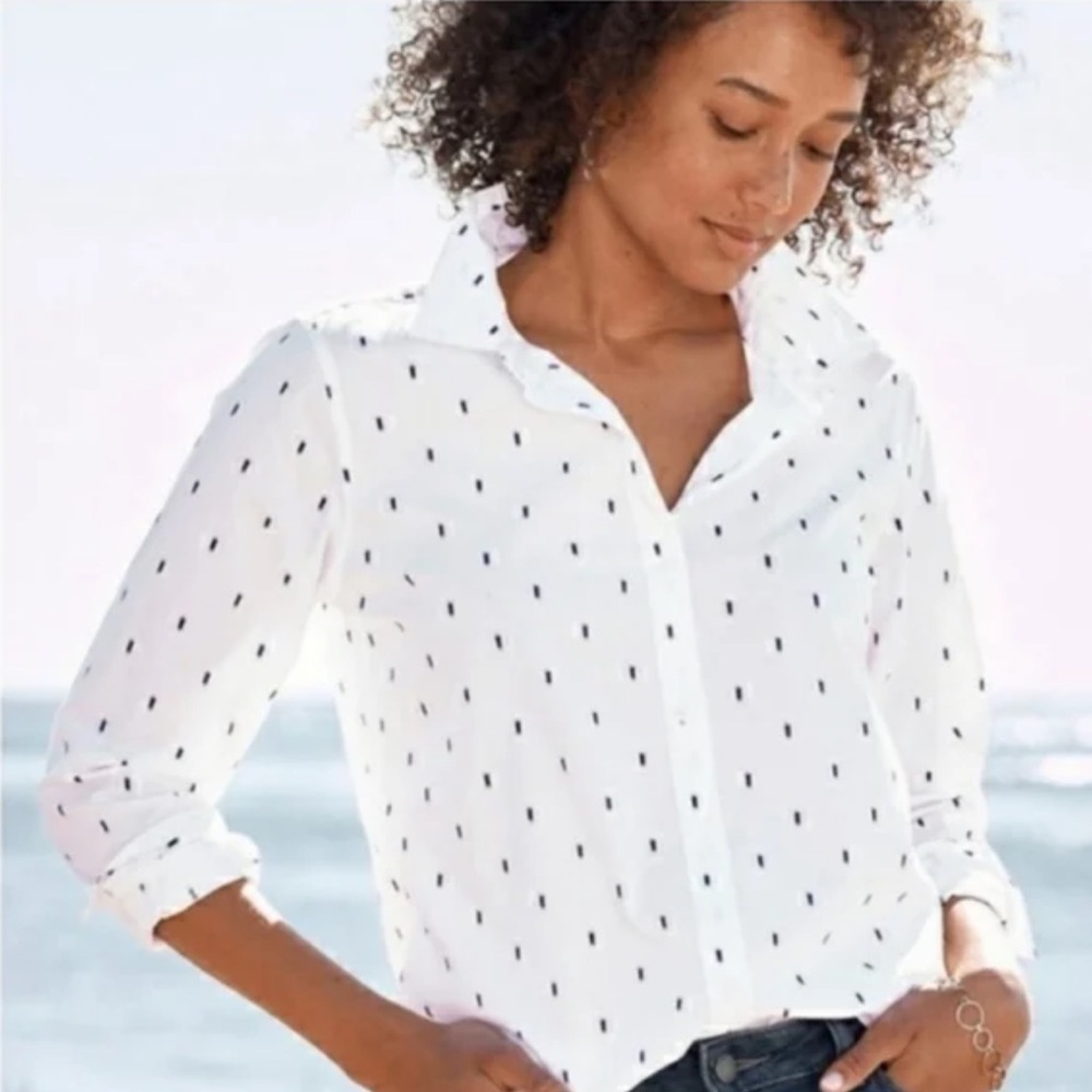 Garnet Hill 100% Organic Pima Cotton White Black Relaxed Shirt Size 12 - Picture 2 of 7